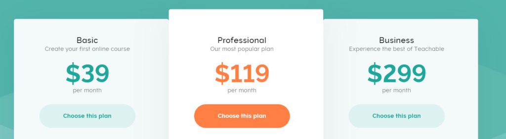 Teachable Pricing - Basic $39, Professional $119, Business $299 per month