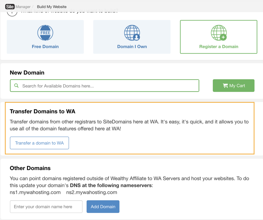 Transfer your own domain to Wealthy Affiliate (orange box)